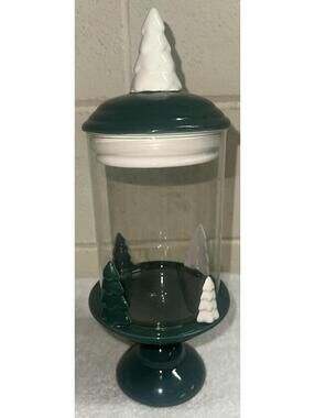 Peppermint & Pine Christmas Pine trees Green & White Glass Candy Jar 13”x5” NEW